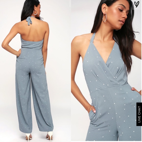 Lulu’s RAVINA SLATE POLKA DOT HALTER JUMPSUIT - Picture 2 of 2